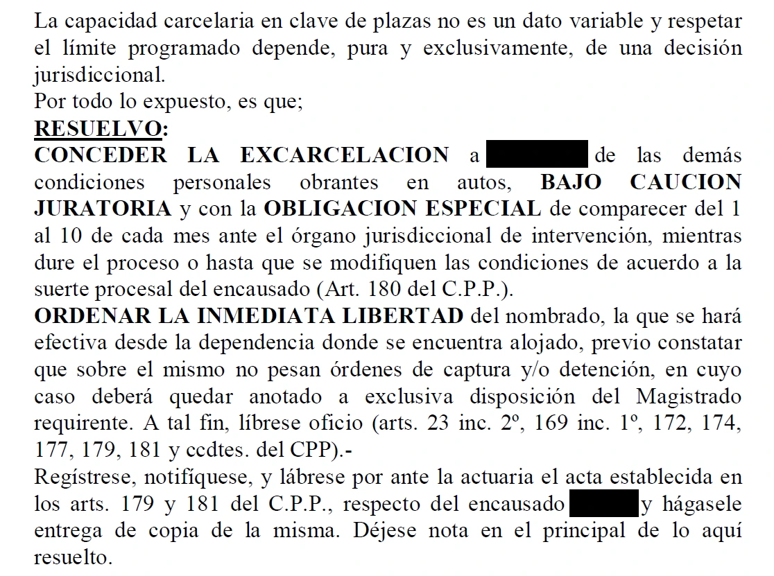 Resolución: excarcelación en Cámara de Apelaciones y Garantías (PBA)