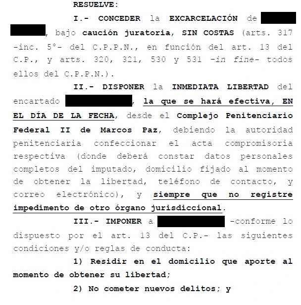 Resolución: libertad en causa de ley de drogas 23.737
